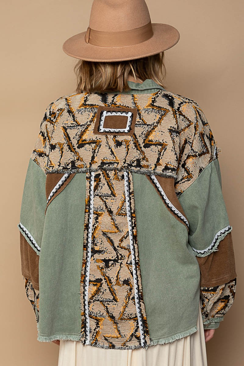 POL Button Down Color Block Contrast Print Shacket Jacket - Roulhac Fashion Boutique