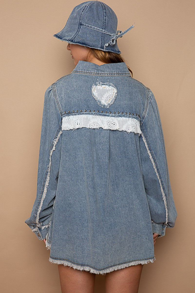 POL Heart Shaped Ruffle Trim Long Sleeve Denim Jacket - Roulhac Fashion Boutique