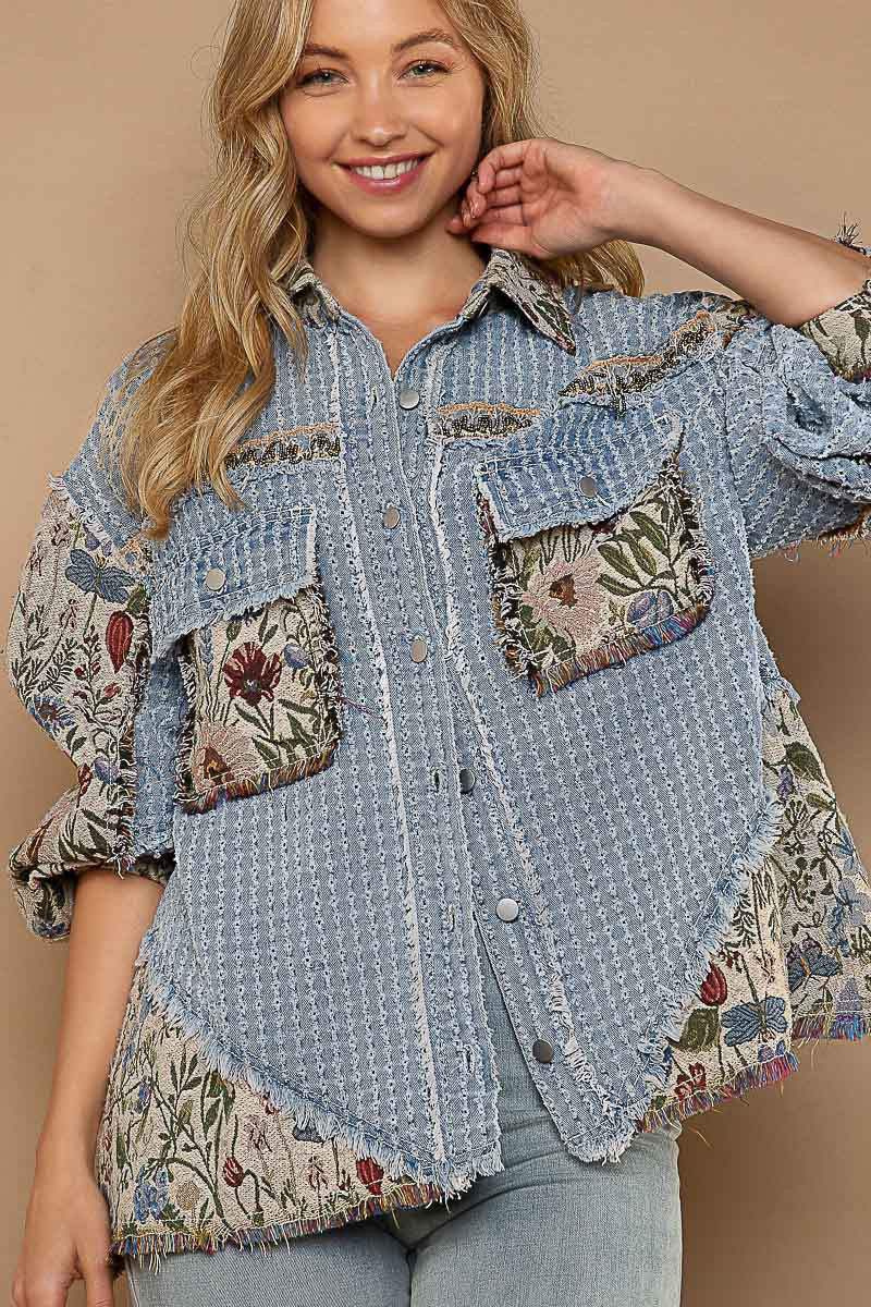 POL Oversize Jacquard Pockets Button Down Frayed Edge Oversized Fit Jacket - Roulhac Fashion Boutique