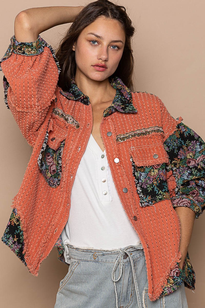 POL Oversize Jacquard Pockets Button Down Frayed Edge Oversized Fit Jacket - Roulhac Fashion Boutique