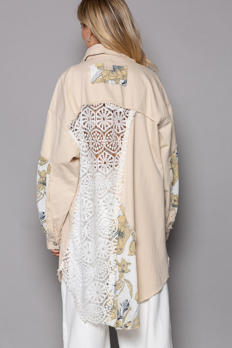POL Oversize Crochet Lace With Floral Print Patch Jack Jacket - Roulhac Fashion Boutique