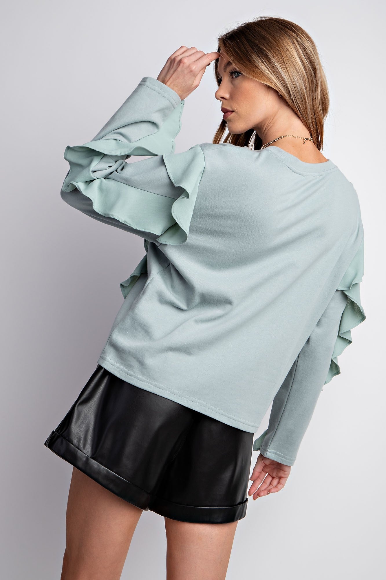 Easel Sage Dropped Shoulders Ruffle Sleeves Crew Neckline Loose Fit Top - Roulhac Fashion Boutique