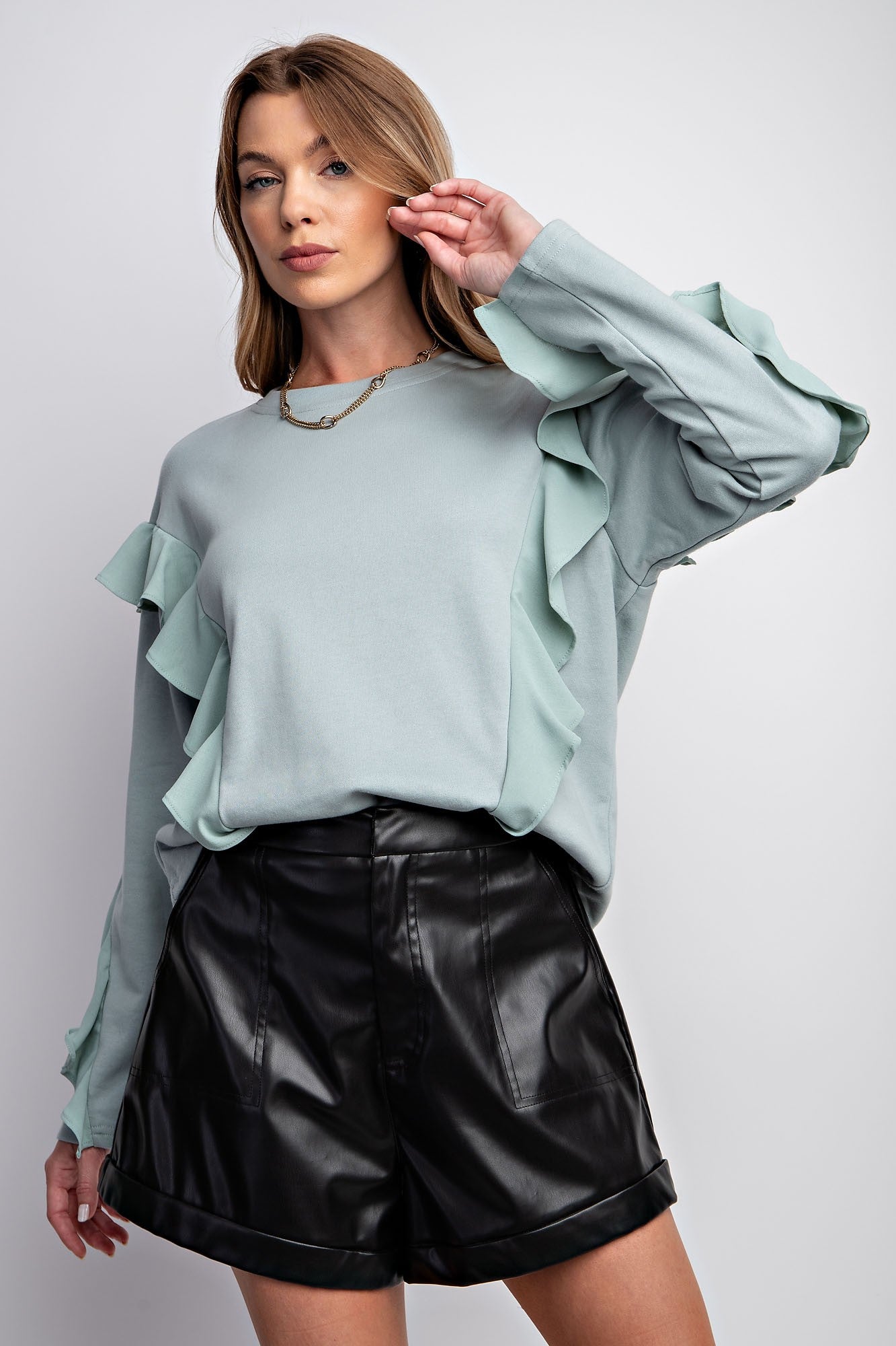 Easel Sage Dropped Shoulders Ruffle Sleeves Crew Neckline Loose Fit Top - Roulhac Fashion Boutique