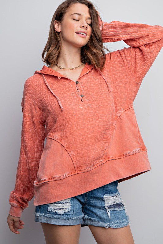 Easel Brick Mineral Washed Button Closure Front Cotton Gauze Loose Fit Hoodie - Roulhac Fashion Boutique