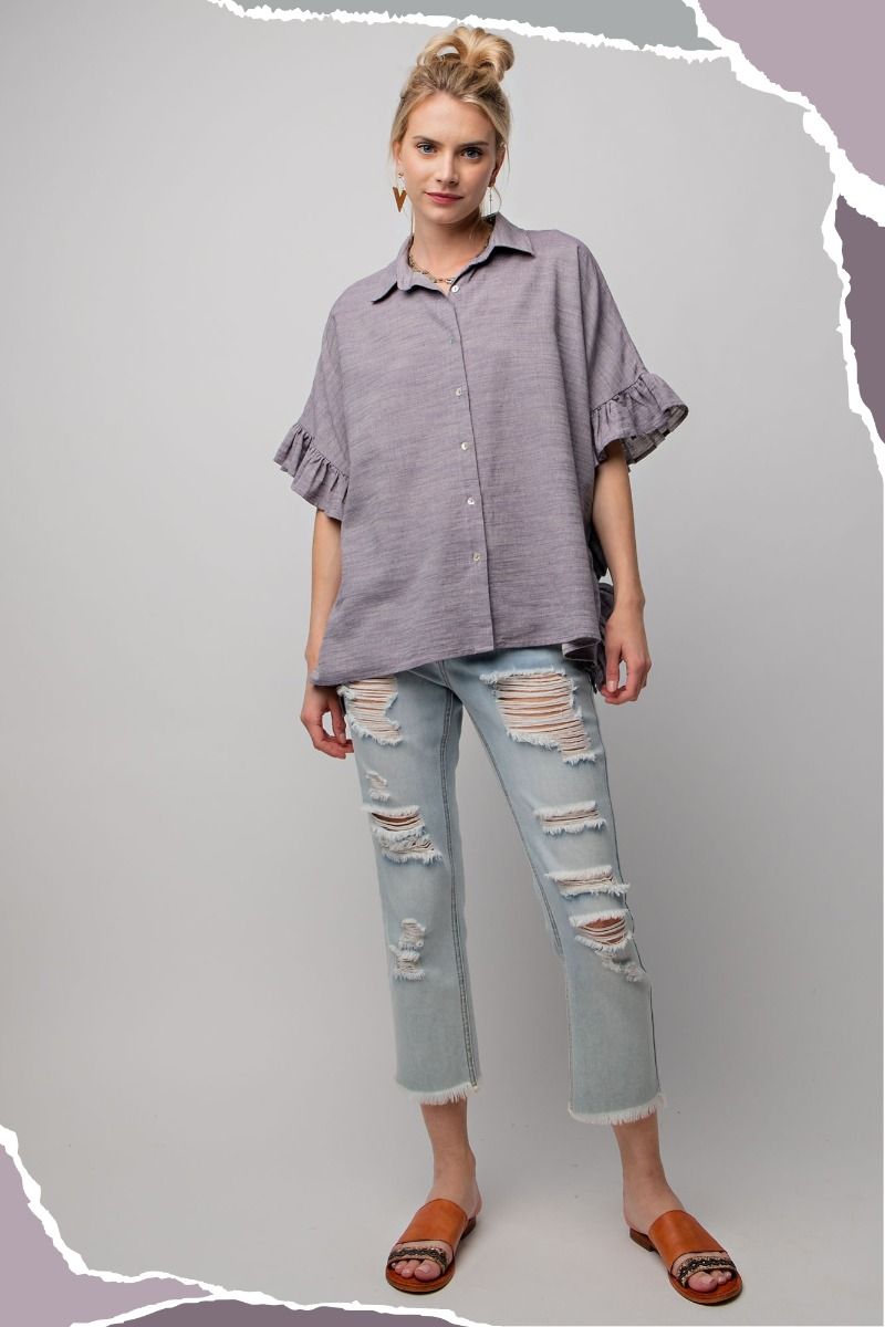 Easel Melange Cotton Linen Collared Neck Button Down Oversized Top - Roulhac Fashion Boutique