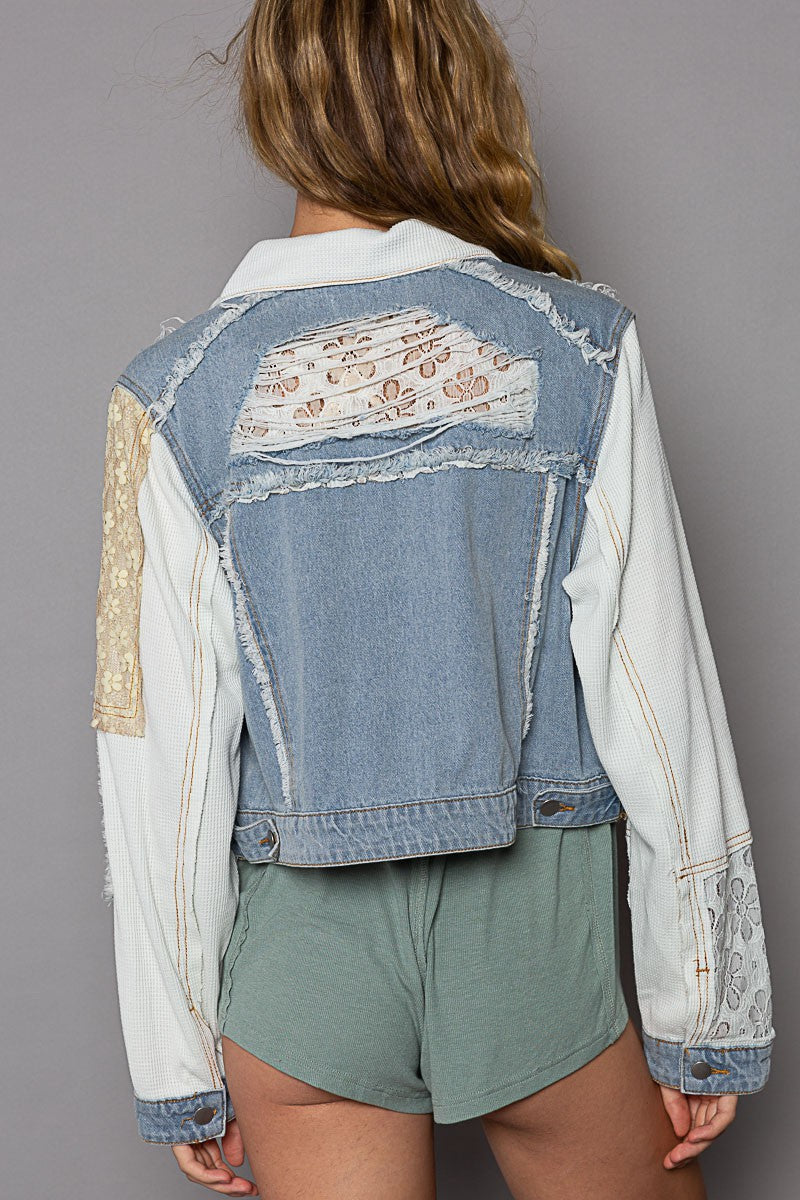 POL Distressed Button Down Regular Fit Crop Frayed Edge Denim Jacket - Roulhac Fashion Boutique