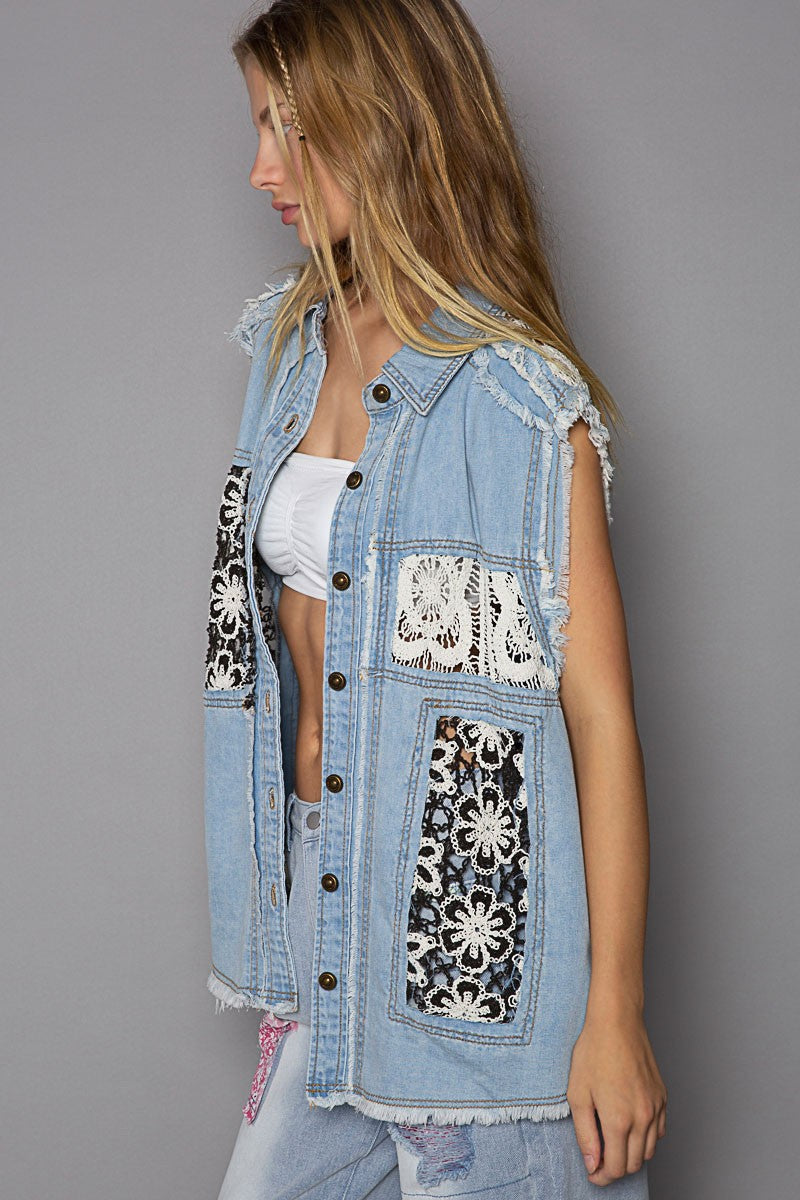 POL Oversize Crochet Floral Panel Collared Sleevelss Shacket - Roulhac Fashion Boutique