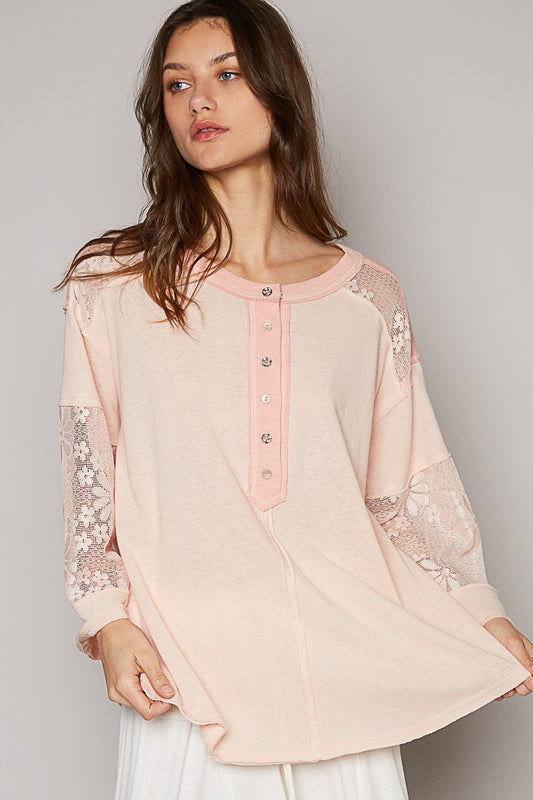 POL Round Neck Button Placket Lace Mixed Knit Top
