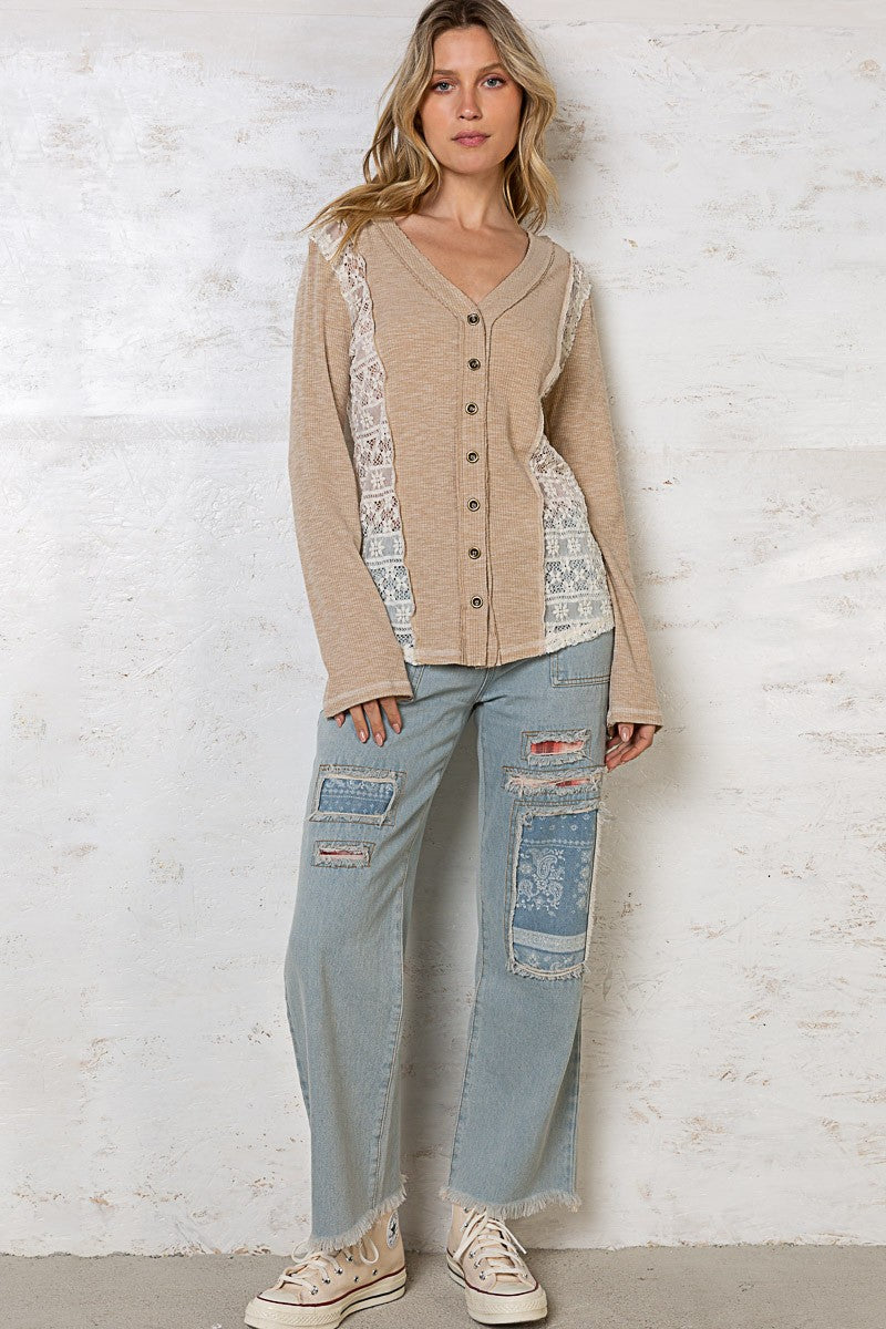 POL Ribbed Long Sleeve Button Front Contrast Lace V-Neck Lace Mix Top