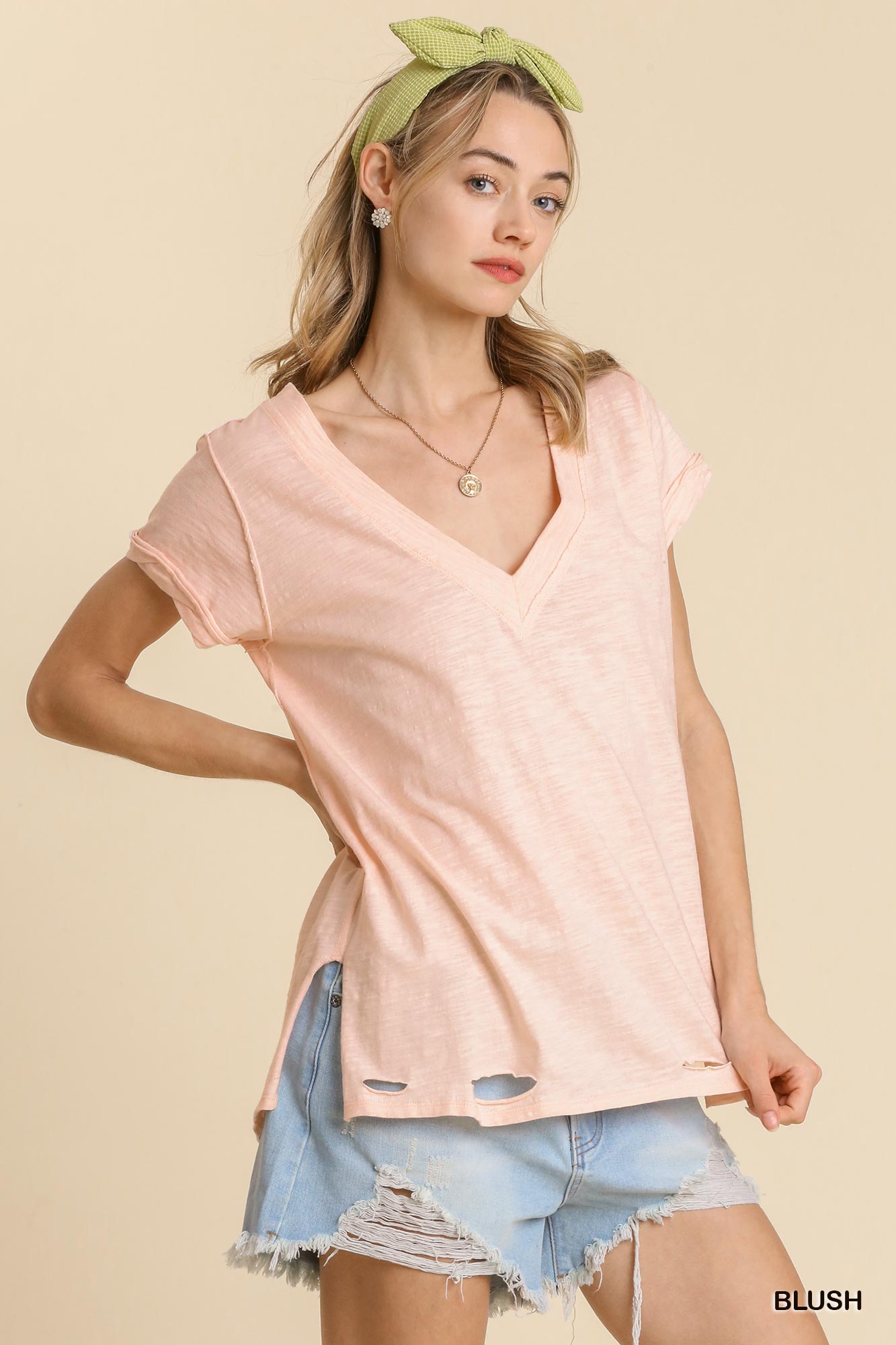 Umgee Gathered Short Sleeve V-Neck Knit Distressed Hem Cotton Top - Roulhac Fashion Boutique