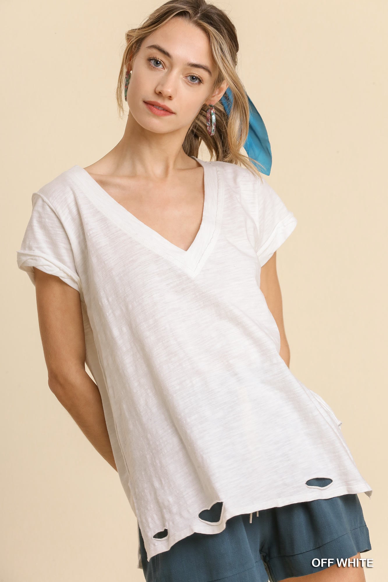 Umgee Gathered Short Sleeve V-Neck Knit Distressed Hem Cotton Top - Roulhac Fashion Boutique
