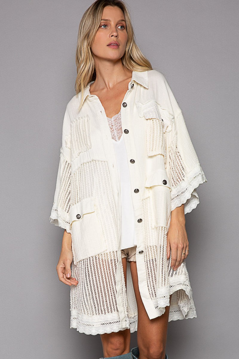 POL Oversize Short Sleeves Openweaving Contrast Relaxed Fit Shacke Jacket