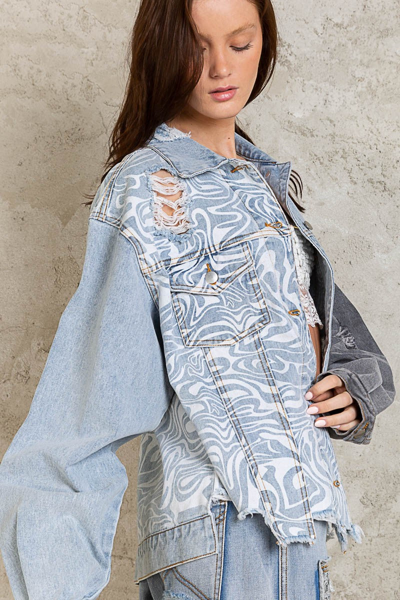 POL Oversize Contrast Marbling Pattern Relaxed Fit Denim Jacket
