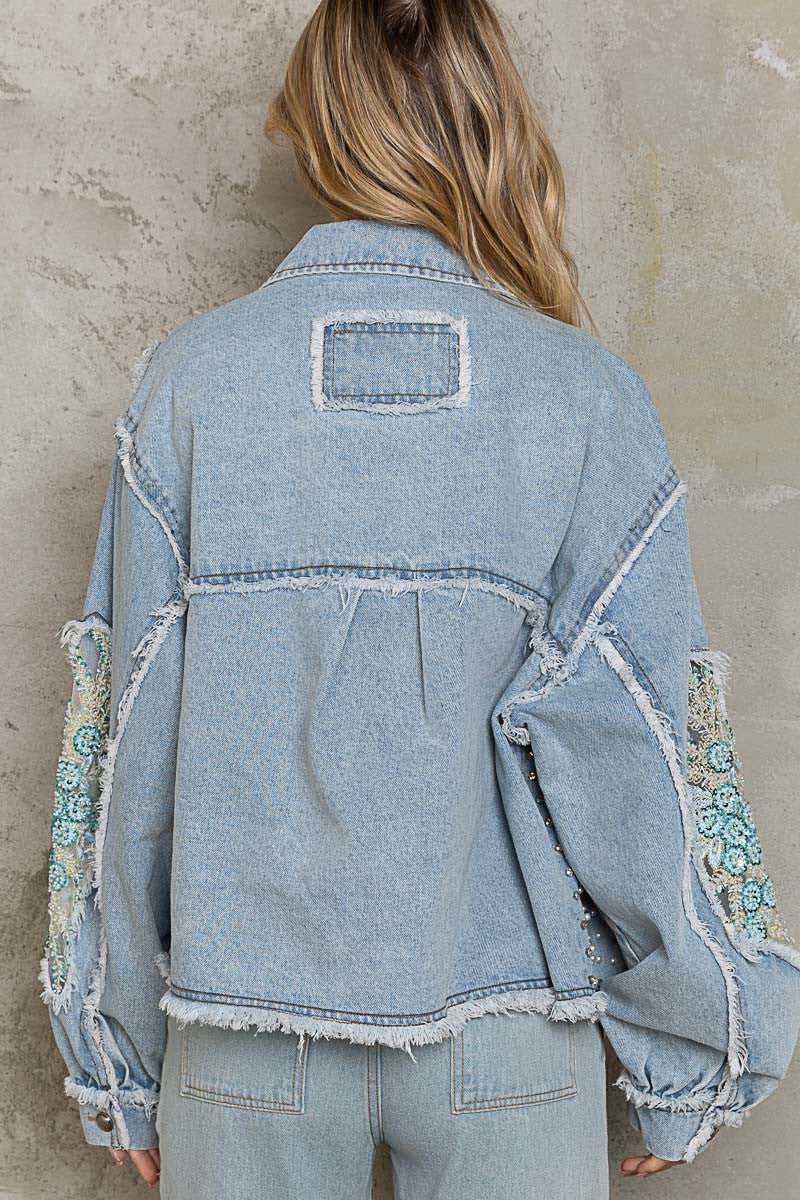 POL Oversize Embellished Pearl Stone Beaded Relaxed Fit Shacket - Roulhac Fashion Boutique