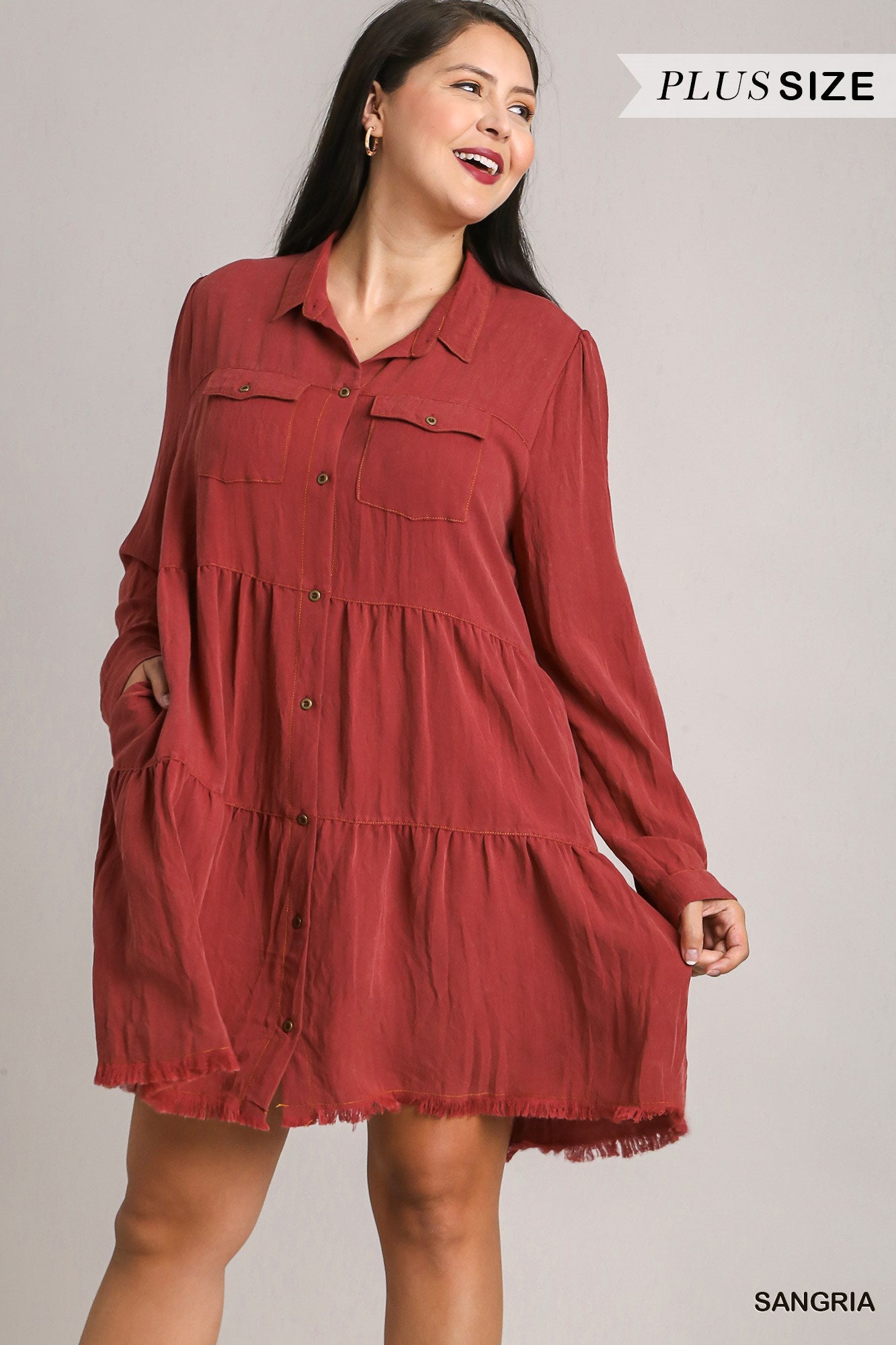 Umgee Plus Long Sleeve Button Front Collared Tiered Ruffle Dress