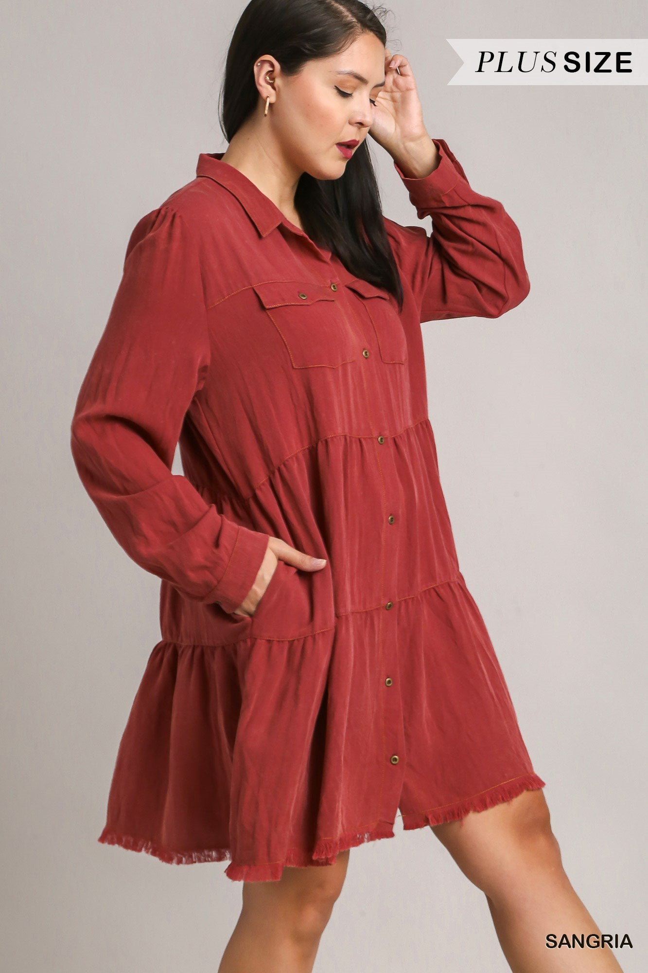 Umgee Plus Long Sleeve Button Front Collared Tiered Ruffle Dress