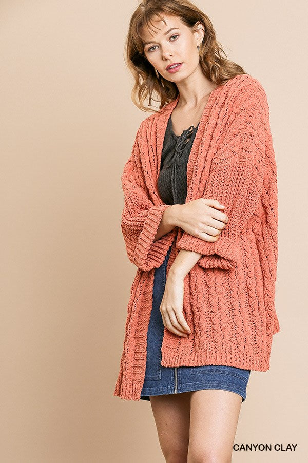 Umgee 3/4 Folded Sleeve Open Front Cable Knit Cardigan Sweater