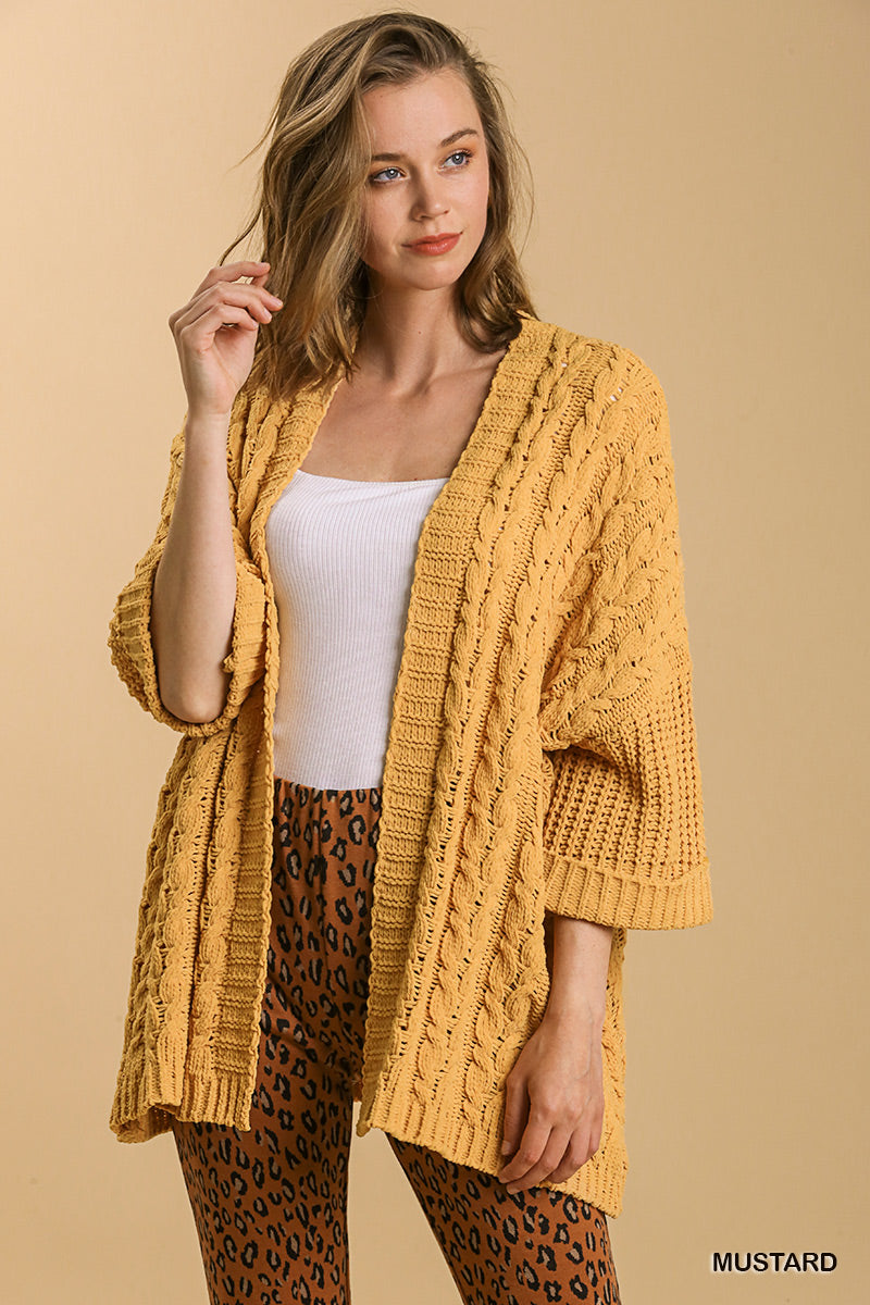 Umgee 3/4 Folded Sleeve Open Front Cable Knit Cardigan Sweater