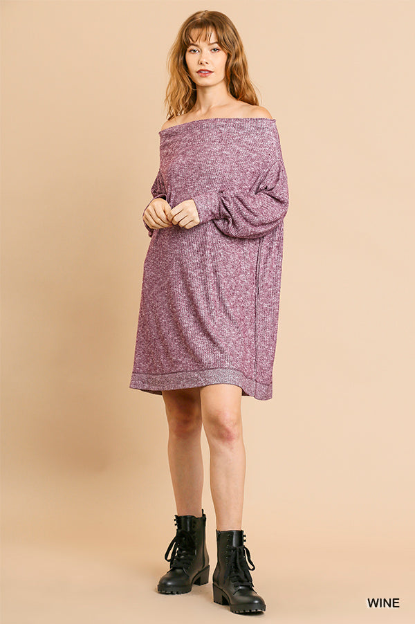 Umgee Long Sleeve Ribbed Heathered Knit Off Shoulder Banded Hem Dress - Roulhac Fashion Boutique