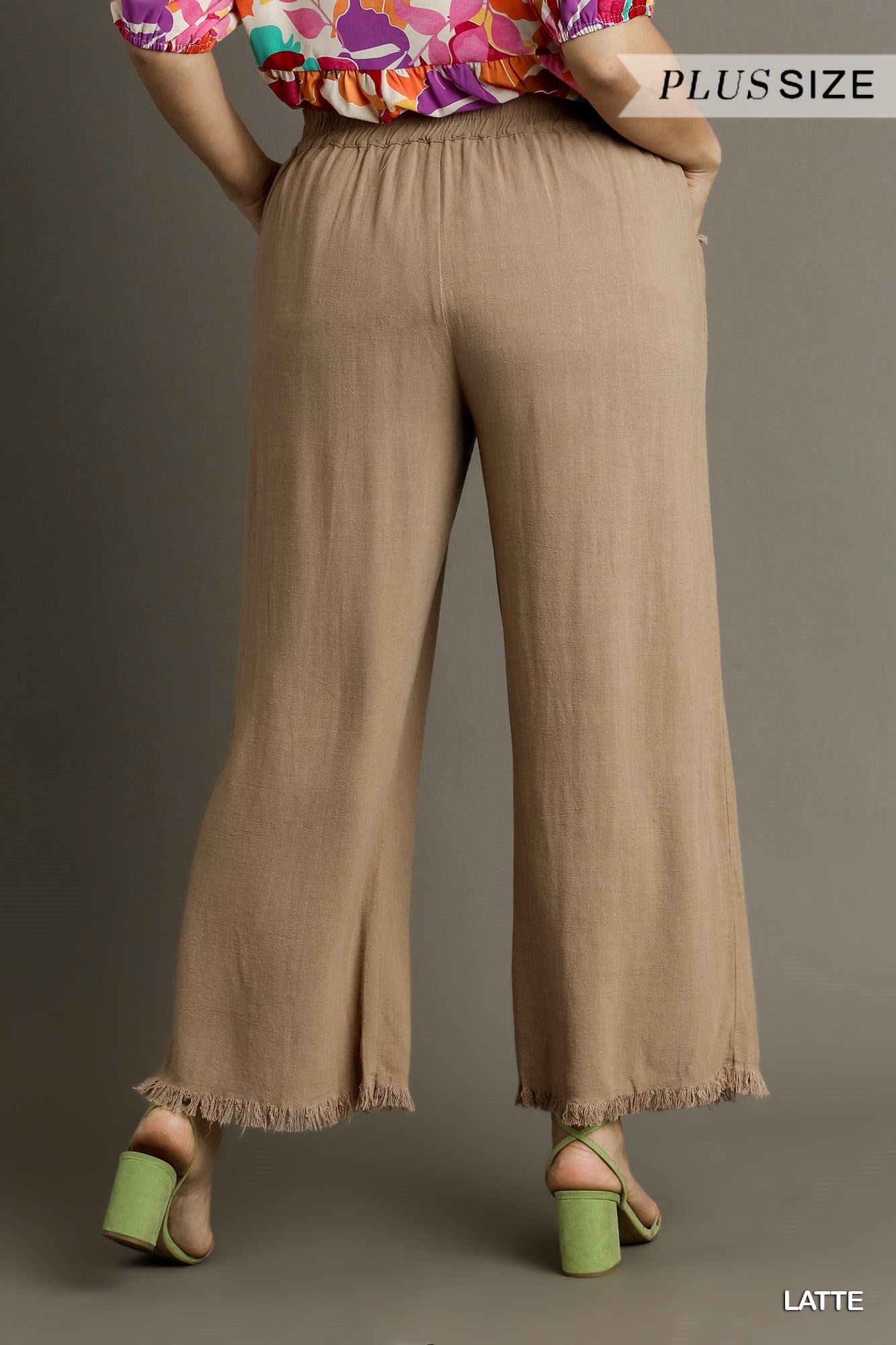 Umgee Plus Linen Blend Elastic Waistband Frayed Hem Wide Leg Pants
