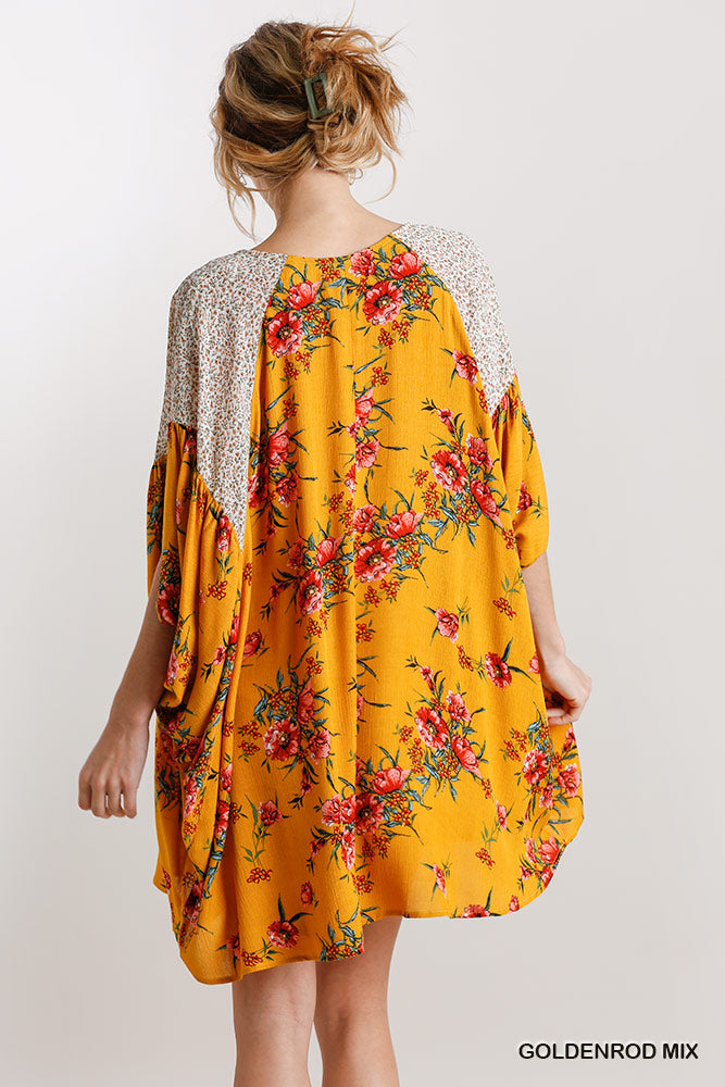 Umgee Mix Floral Mixed Print Batwing Sleeve High Low Hem Mini Dress - Roulhac Fashion Boutique