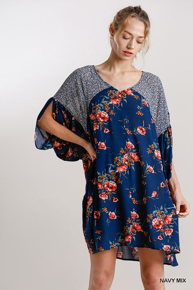 Umgee Mix Floral Mixed Print Batwing Sleeve High Low Hem Mini Dress - Roulhac Fashion Boutique