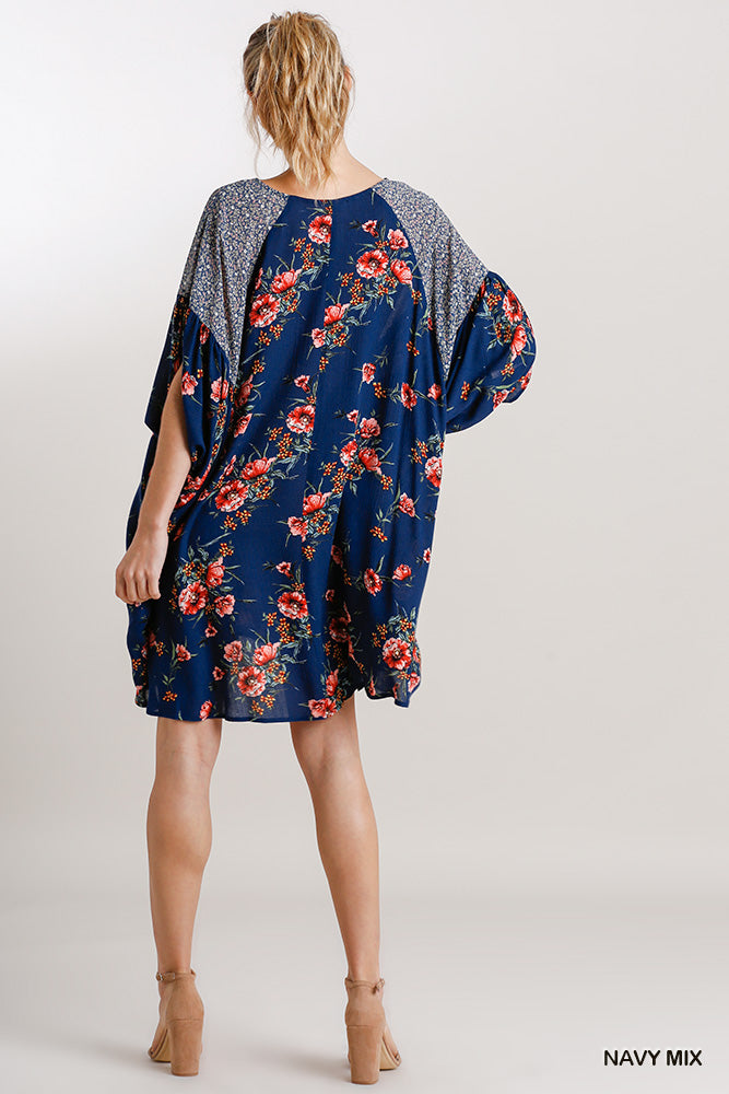 Umgee Mix Floral Mixed Print Batwing Sleeve High Low Hem Mini Dress - Roulhac Fashion Boutique