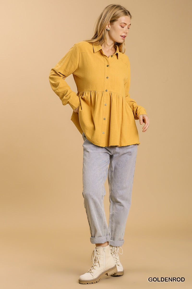 Umgee Linen Blend Button Down Collar BabyDoll Ruffle Shirt - Roulhac Fashion Boutique