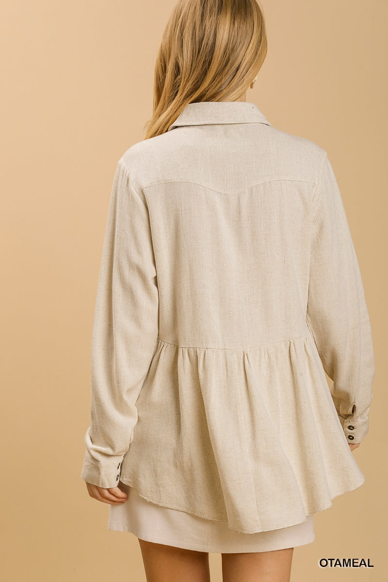 Umgee Linen Blend Button Down Collar BabyDoll Ruffle Shirt - Roulhac Fashion Boutique