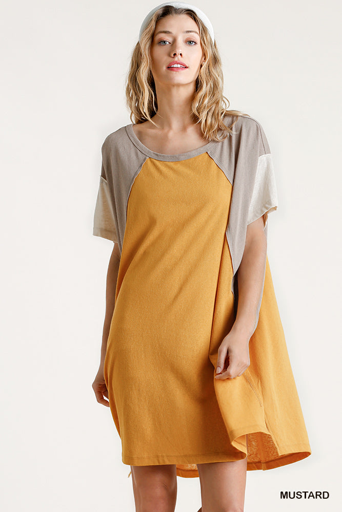 Umgee Ash Colorblock Short Sleeve Raw Edged Detail Pockets Side Slits Dress - Roulhac Fashion Boutique