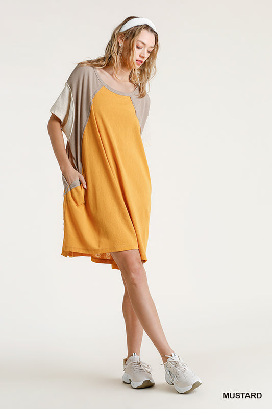 Umgee Ash Colorblock Short Sleeve Raw Edged Detail Pockets Side Slits Dress - Roulhac Fashion Boutique