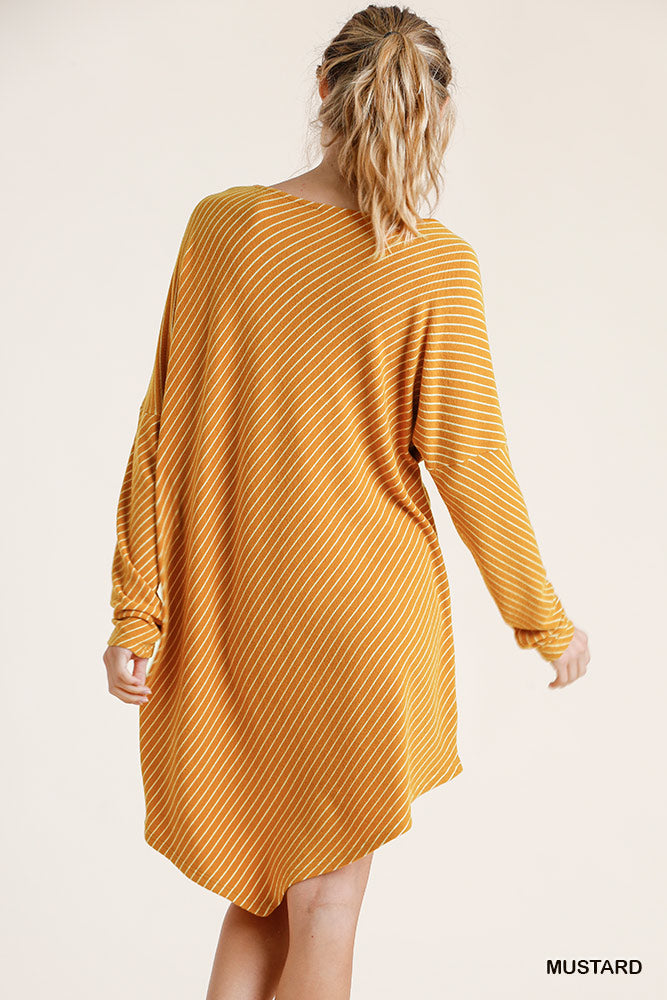 Umgee Forest Striped Round Neck Long Sleeve Ribbed Asymmetrical Hem Dress - Roulhac Fashion Boutique
