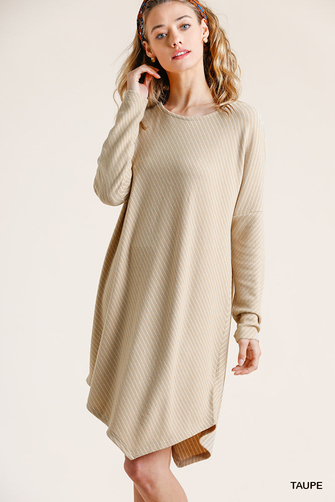 Umgee Forest Striped Round Neck Long Sleeve Ribbed Asymmetrical Hem Dress - Roulhac Fashion Boutique