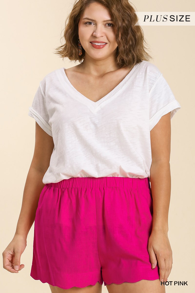 Umgee Plus Linen Blend Elastic Waistband Scallop Hem Short Pants