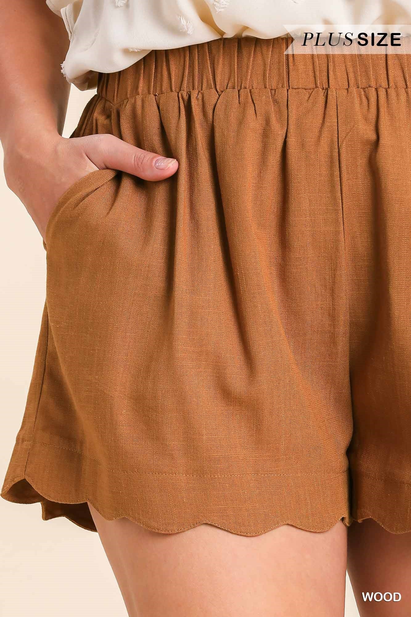 Umgee Plus Linen Blend Elastic Waistband Scallop Hem Short Pants