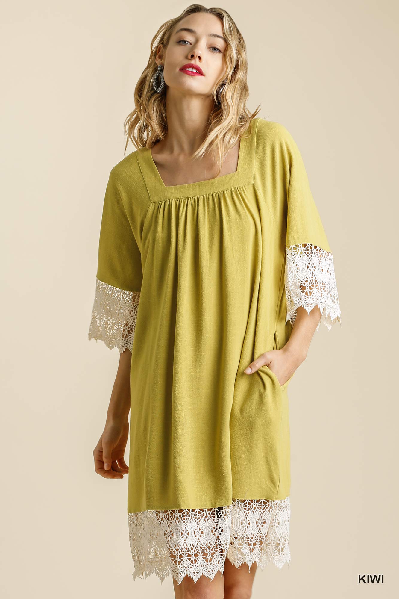 Umgee Linen Blend Lace Hem Detail Square Neck Pockets Dress - Roulhac Fashion Boutique