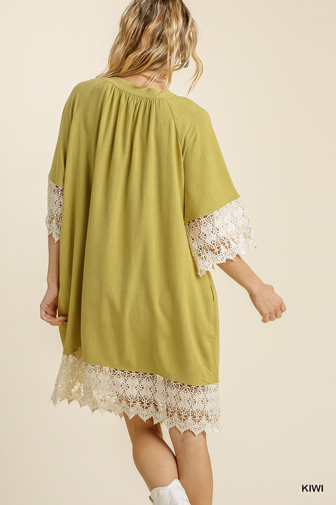 Umgee Linen Blend Lace Hem Detail Square Neck Pockets Dress - Roulhac Fashion Boutique