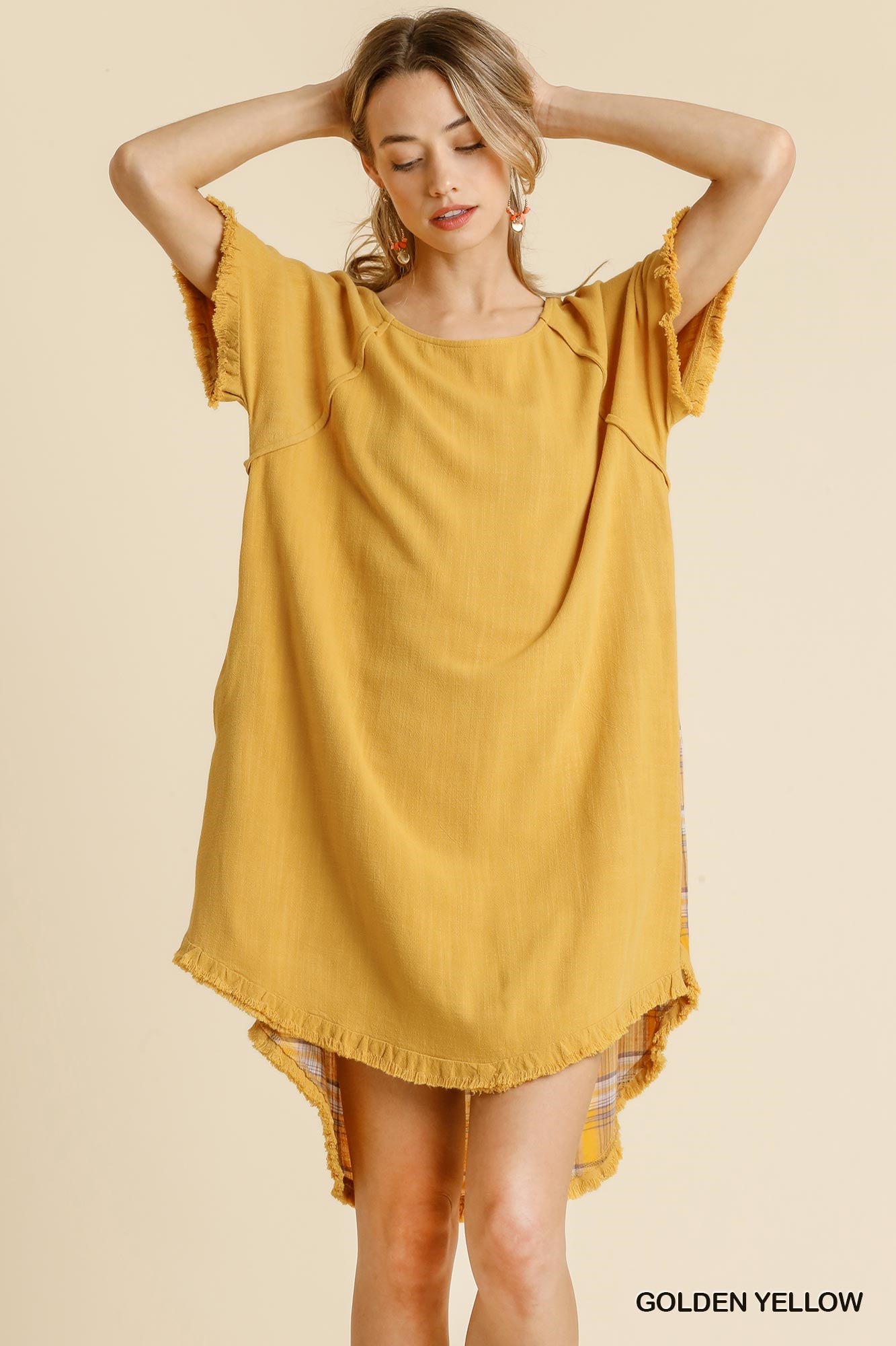 Umgee Golden Yellow Plaid Round Neck Short Sleeve Fringed Round High Low Dress - Roulhac Fashion Boutique
