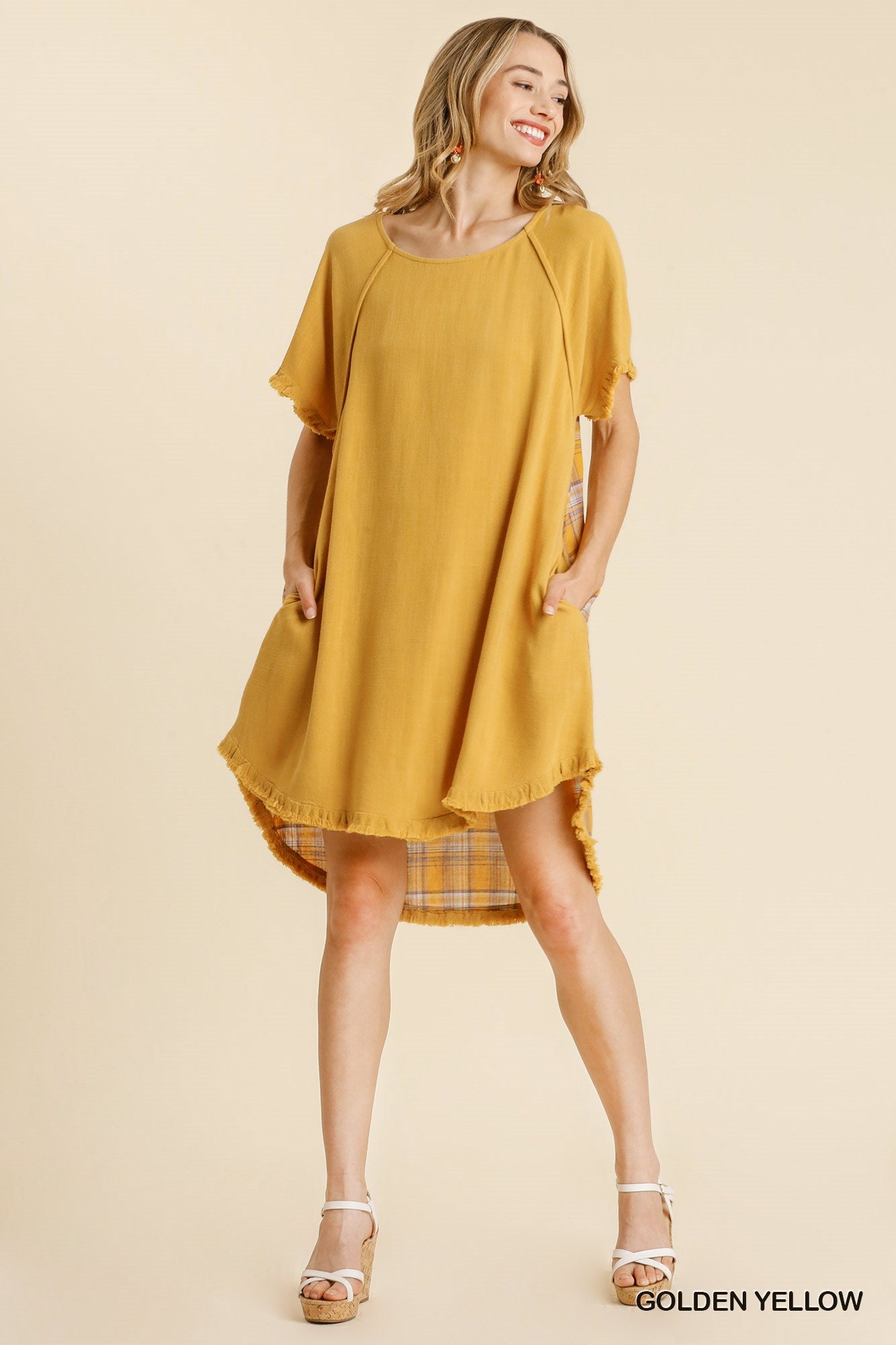 Umgee Golden Yellow Plaid Round Neck Short Sleeve Fringed Round High Low Dress - Roulhac Fashion Boutique