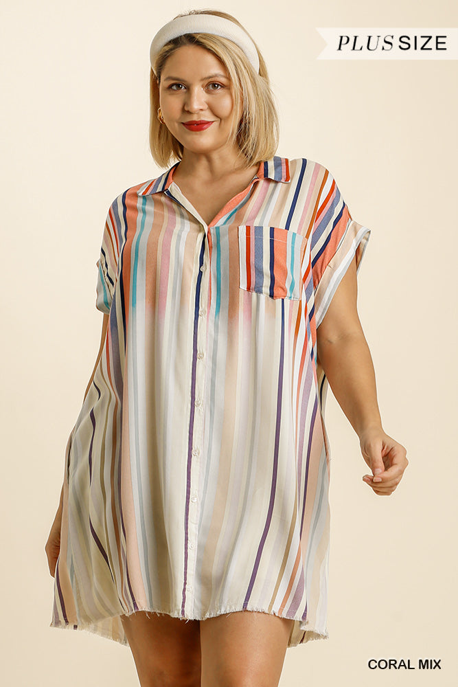 Umgee Plus Bleached Striped Short Sleeve Collared Button Down Shirt Dress