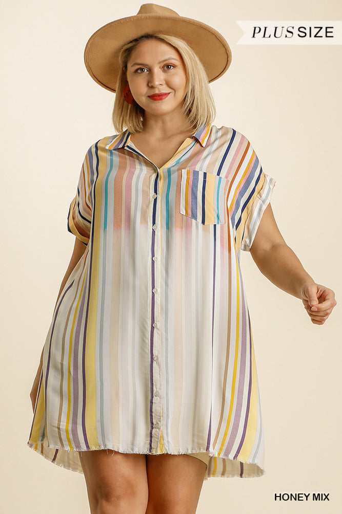 Umgee Plus Bleached Striped Short Sleeve Collared Button Down Shirt Dress
