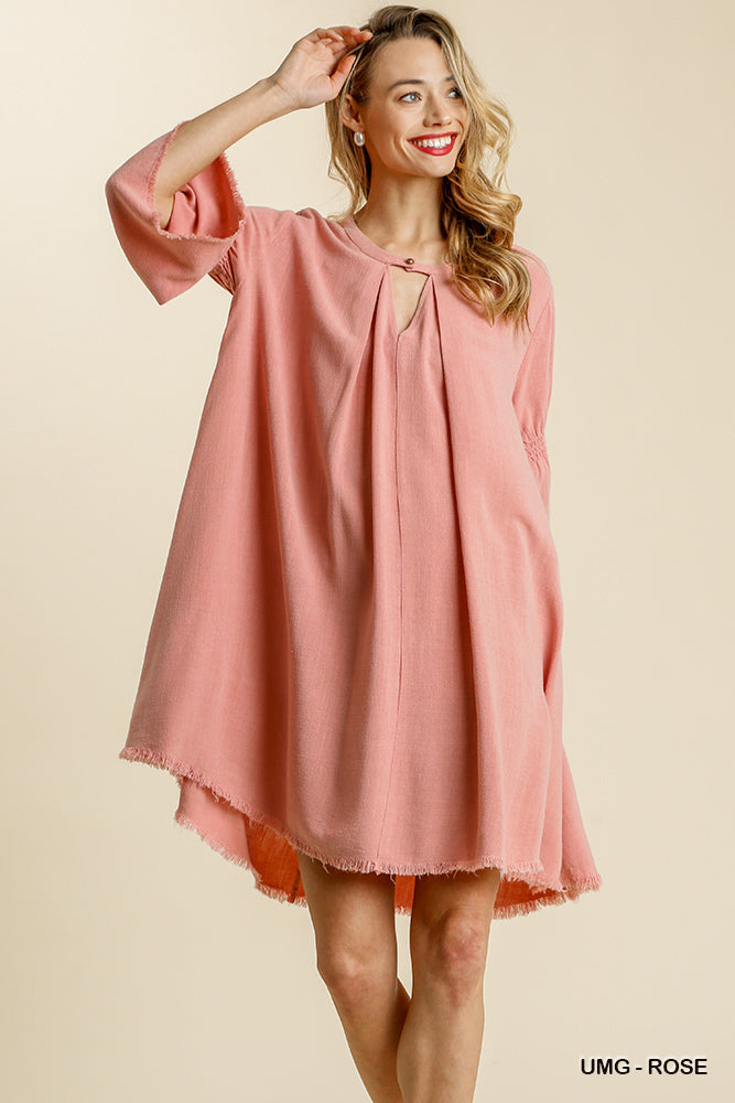 Umgee Linen Blend Bell Sleeve Button Cut Out Collar Frayed Hem Dress - Roulhac Fashion Boutique