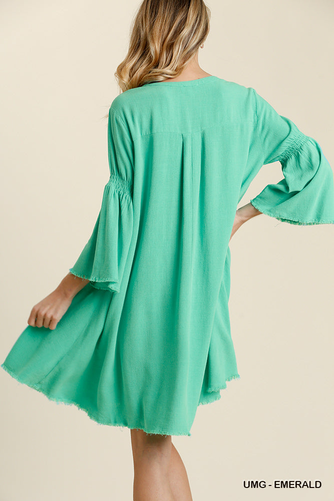 Umgee Linen Blend Bell Sleeve Button Cut Out Collar Frayed Hem Dress - Roulhac Fashion Boutique