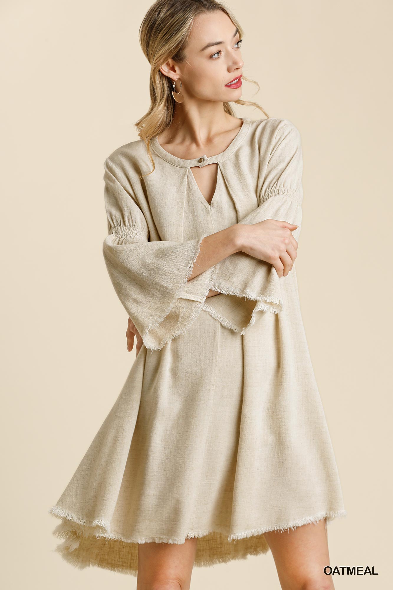 Umgee Linen Blend Bell Sleeve Button Cut Out Collar Frayed Hem Dress - Roulhac Fashion Boutique