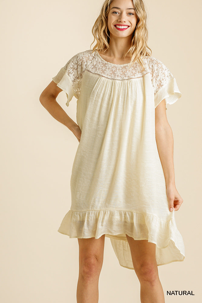 Umgee Floral Lace Yoke Short Sleeve Round Neck Keyhole Ruffle Hem Dress - Roulhac Fashion Boutique