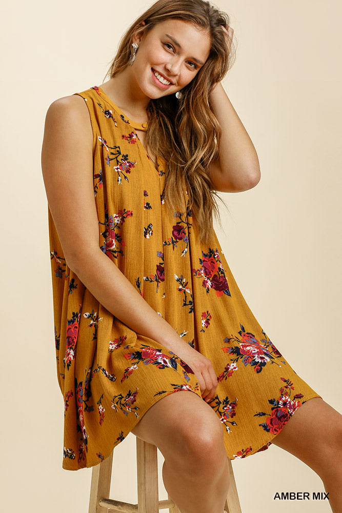 Umgee Floral Print Front Keyhole Sleeveless Flowy Dress - Roulhac Fashion Boutique