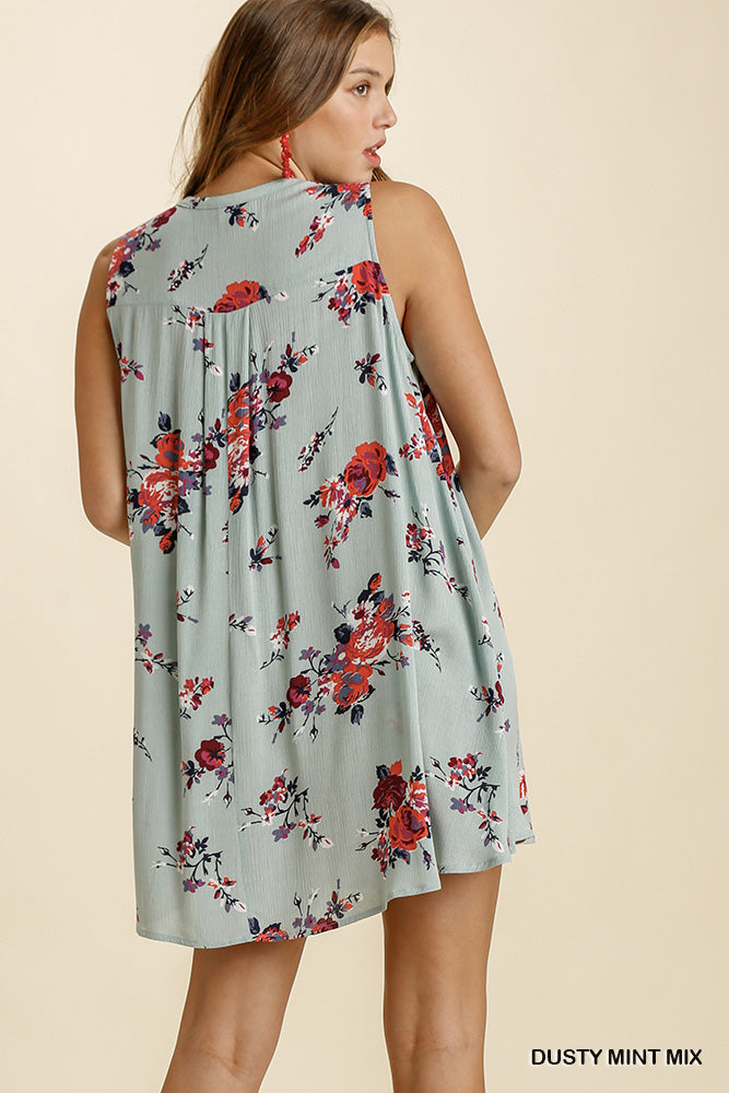 Umgee Floral Print Front Keyhole Sleeveless Flowy Dress - Roulhac Fashion Boutique