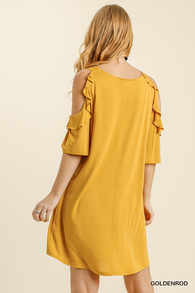 Umgee Goldenrod Cold Shoulder Ruffle Trimmed Detail Half Sleeve No Lining Dress - Roulhac Fashion Boutique