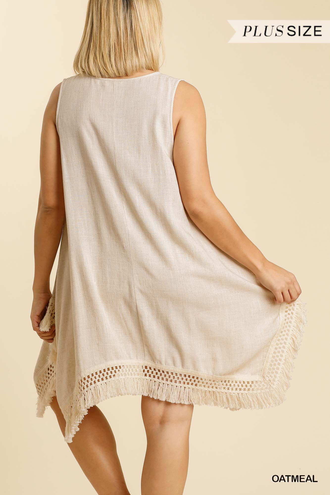 Umgee Plus Linen Blend V-Neck Crochet Detail Sleeveless Frayed Sharkbite Hem Dress