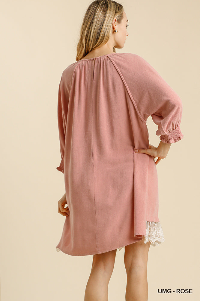 Umgee Linen Blend Mesh Lace Hem Smocked Cuffed Sleeve Keyhole Dress - Roulhac Fashion Boutique